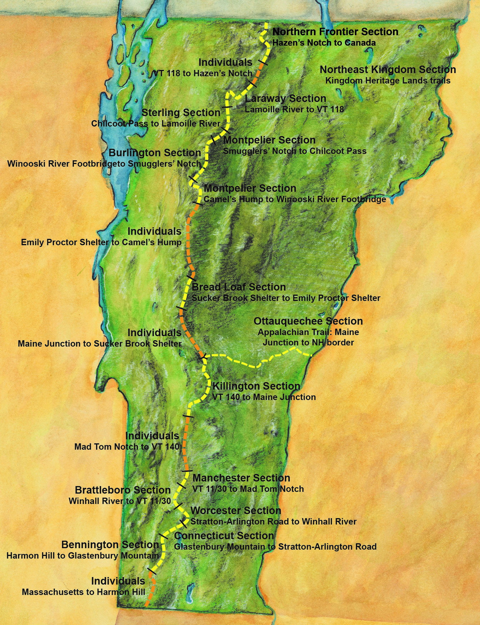 Mountains In Vermont Map Trail Maintenance by Sections map   LTNv2   Green Mountain Club