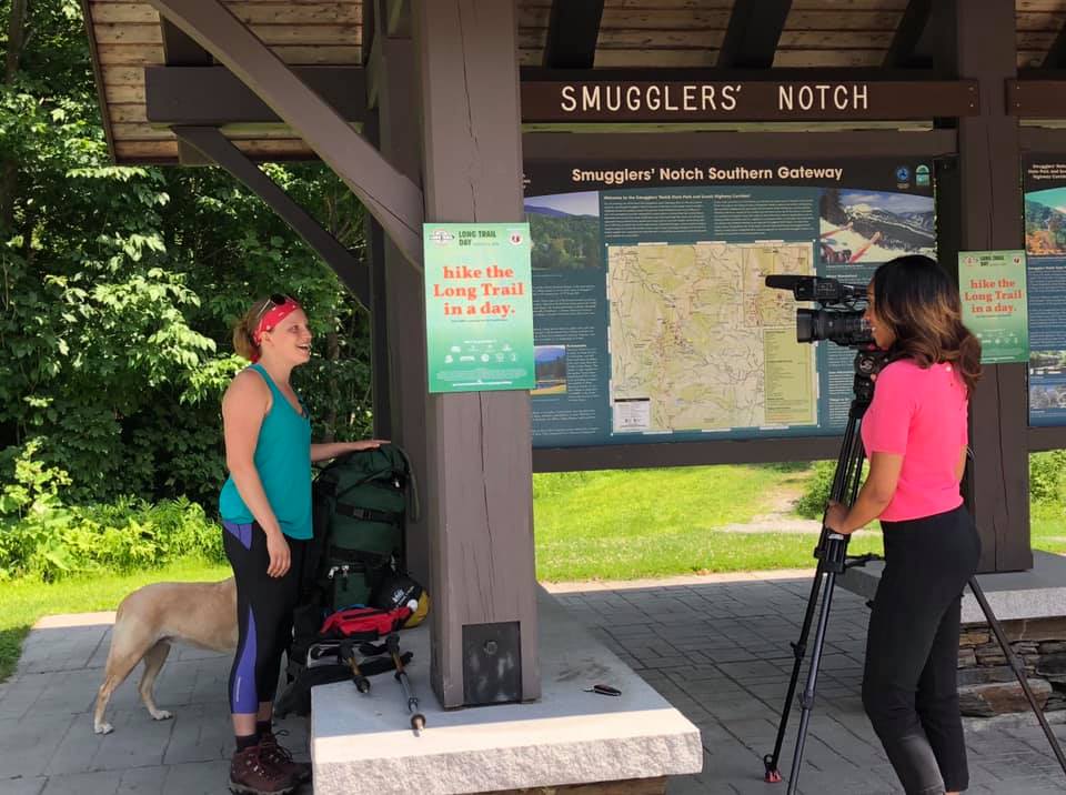 Hiker Grace Algeo with NBC5 news at Barnes Camp_Cindy Griffith (1)