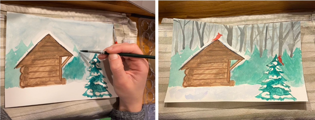 two progress pictures of a winter watercolor scene