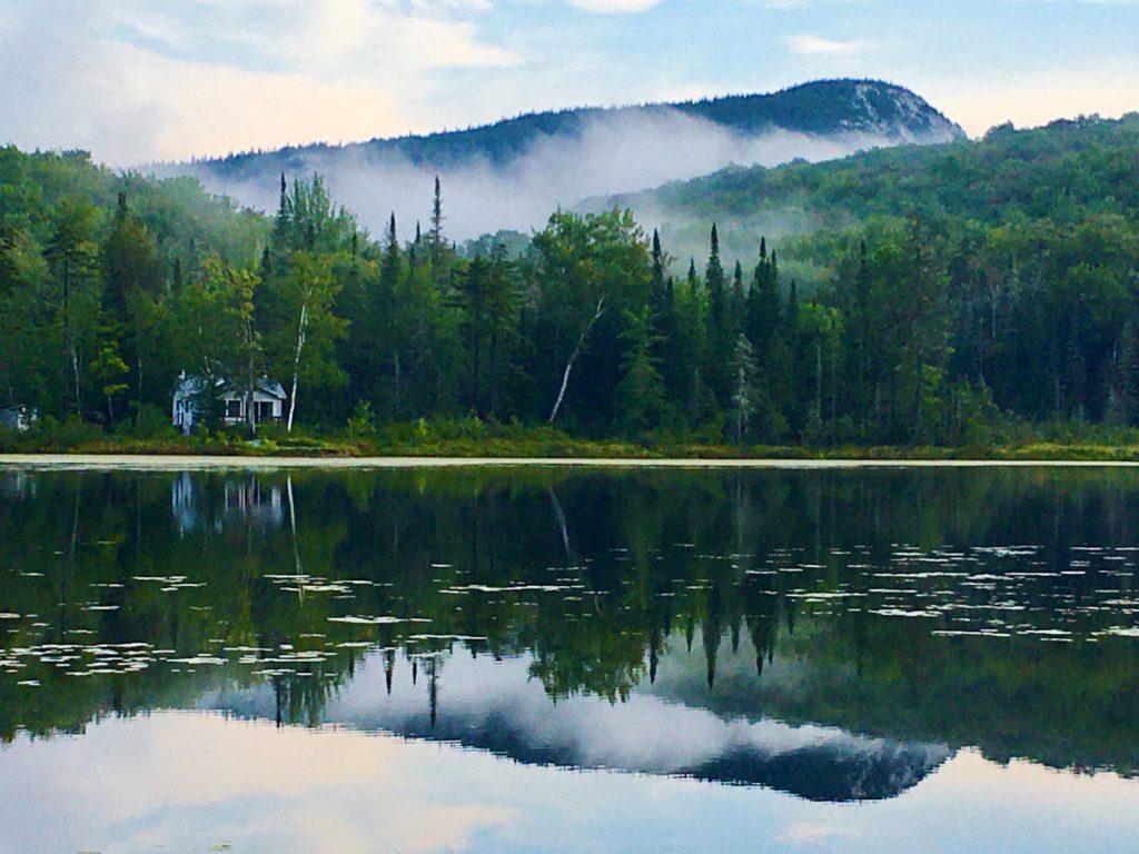 Fog rises out of the mountains, forests reflections on Wheeler Pond.