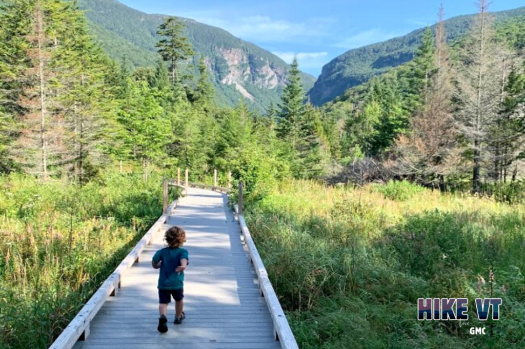 Quinn walks down Barnes Camp Boardwalk, an appropriate mud season trail