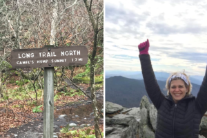 left, sign on Camel's Hum; right, Katie on Camel's Hump