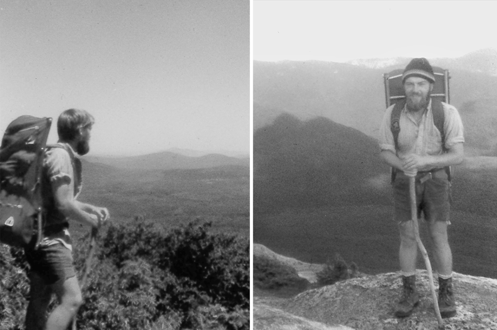 Left, McKone in Vermont mountains; right, McKone thru-hikes in the White Mountains of New Hampshire