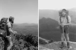 Left, McKone in Vermont mountains; right, McKone thru-hikes in the White Mountains of New Hampshire