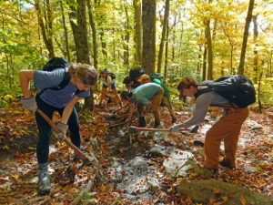 trail crew in the fall clearing drains