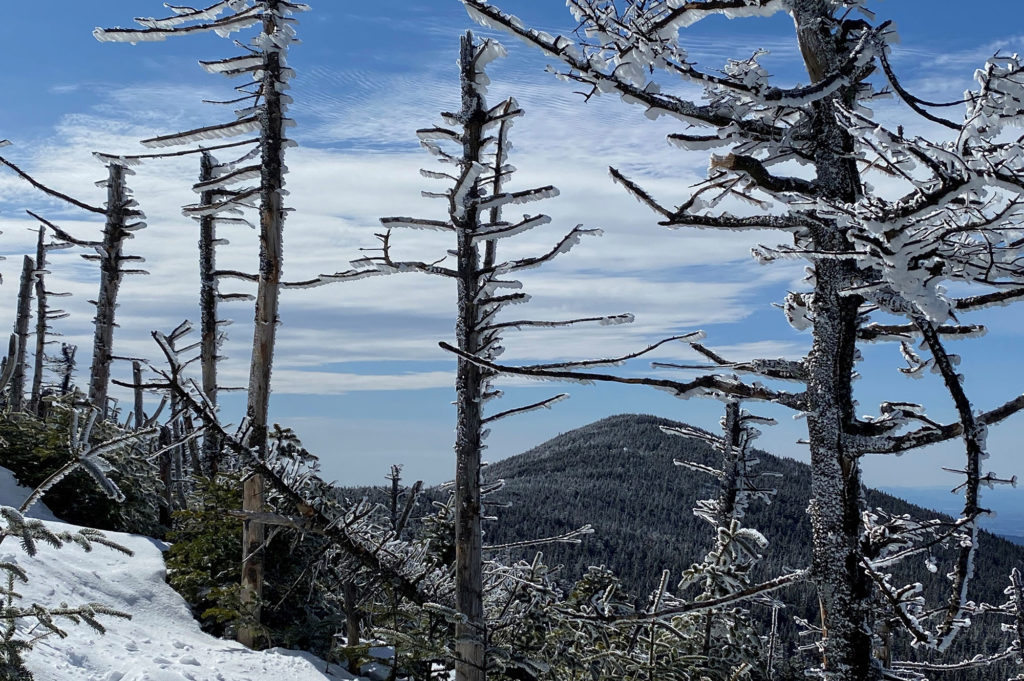 A winter landscape viewed between Appalachian Gap and Lincoln Gap.