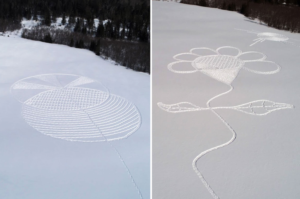 John Predom's original snowshoe art designs; interlocked circles and a freeform flower