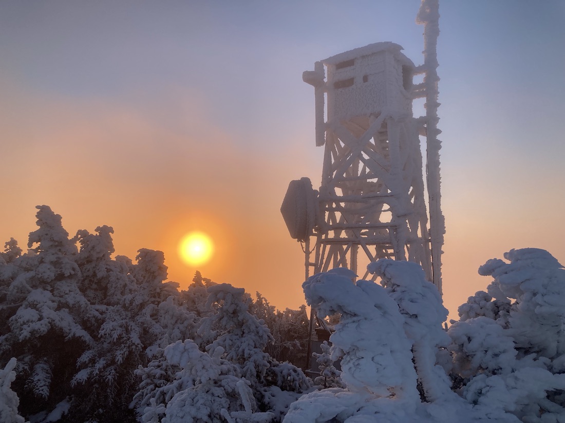 Killington Summit frozen firetower sunset winter