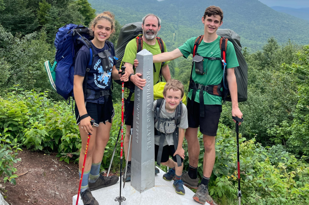 Krebs family hiking with kids at the Long Trail terminal.