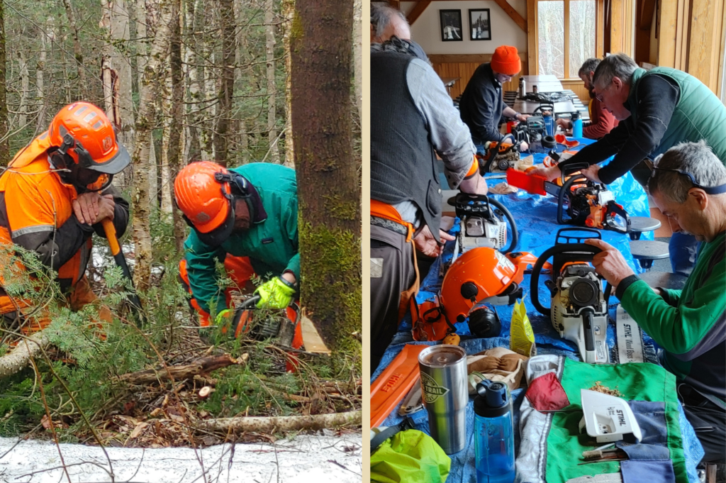 Left, sawyers practice cutting a tree; right, volunteers practice taking apart and cleaning their tools.
