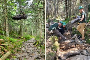 Highlining rockwork takes skilled trail crews; right, VYCC crew