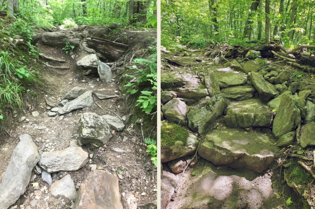 Before and after of staircase on Burrows Trail
