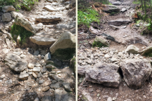 Before and after of waterbar on burrows trail