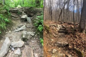 side by side of an eroded worksite on Burrows Trail, right side shows a compelted stone staircase