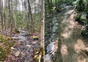 a splitscreen photo. On the left, a muddy section of trail. Right, a freshly built retaining wall
