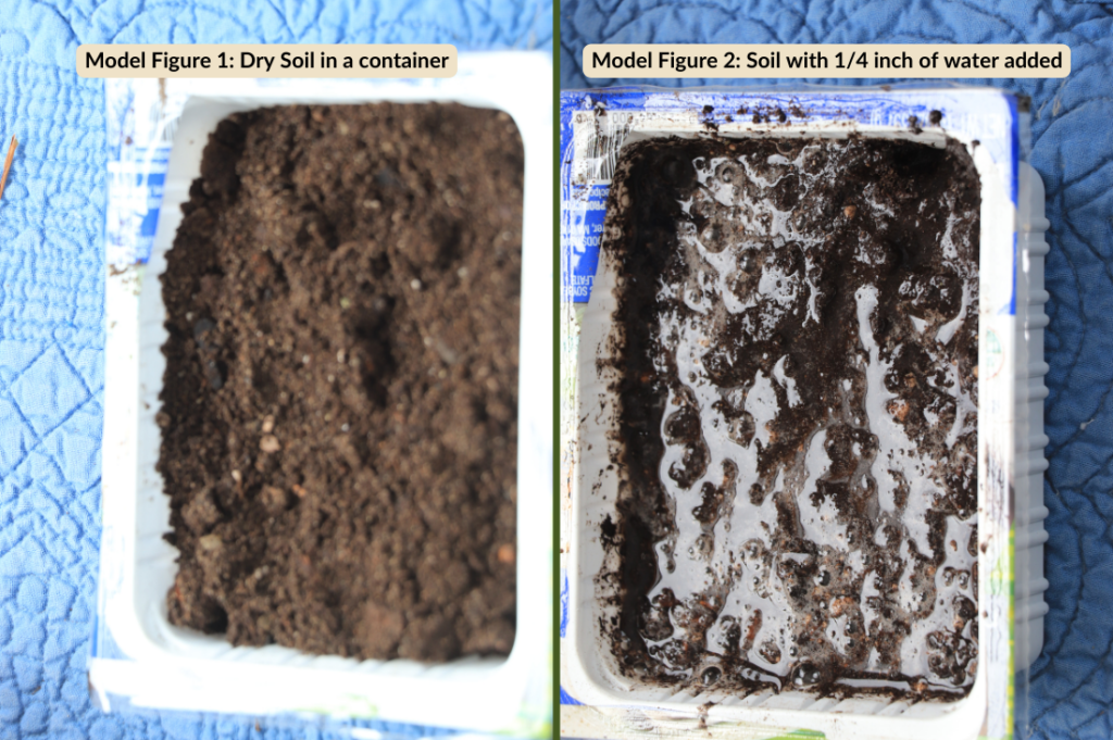 two side by side images showing a small container of soil and water