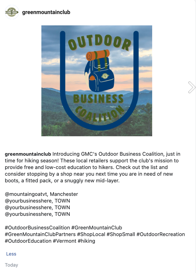 scenic mountain background with outdoor business coalition logo over top, and instagram caption
