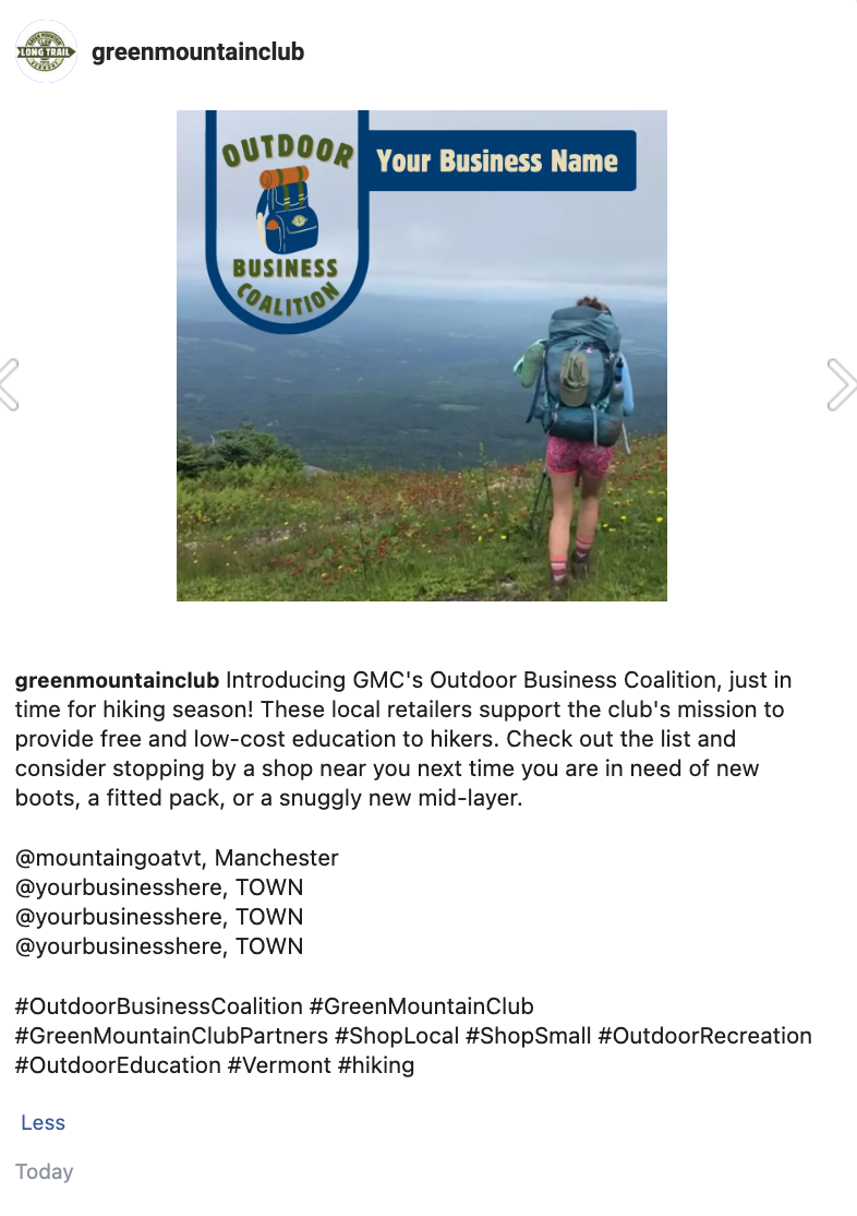 Hiker with backpack looks out over a view; with OBC logo and your business name laid on top