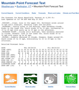 text version of a mountain weather forecast - screenshot