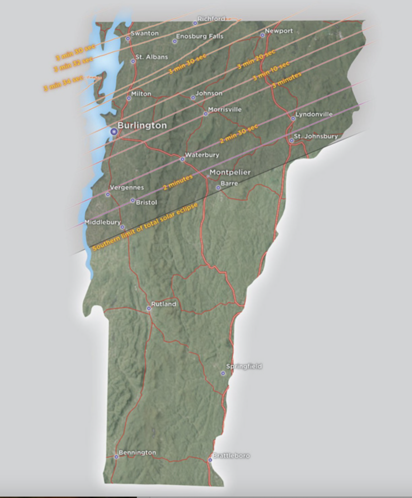 A map showing the path of the 2024 total solar eclipse in Vermont.