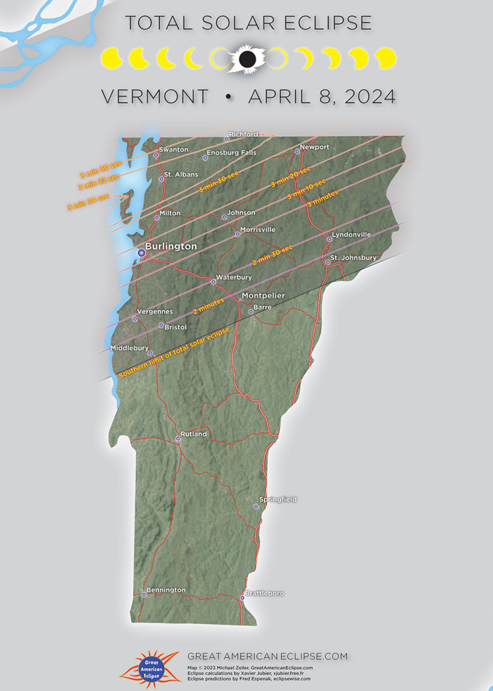 Map of the 2024 total solar eclipse path of totality in Vermont.