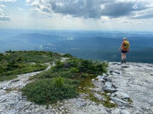 a hiker stands on a rocky summit overlooking the view below. Rocks and green vegetation are in the foreground