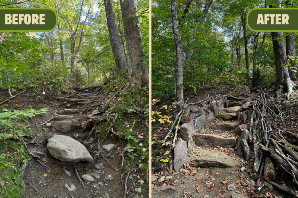 on left, an eroded, rooty section of trail. on right, a rock staircases bordered by rocks has replaced it.