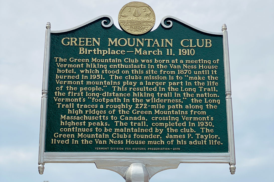 a historical marker detailing the founding of the Green Mountain Club in Burlington